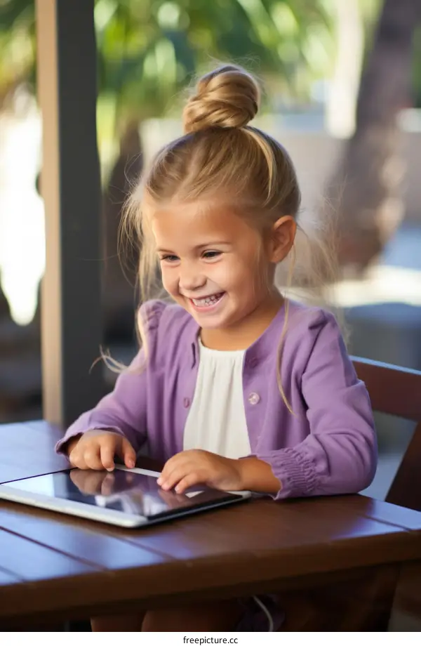 Little girl smiling while using a tablet