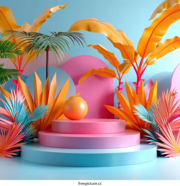 Colorful Tropical Display Stand with Vibrant Plants