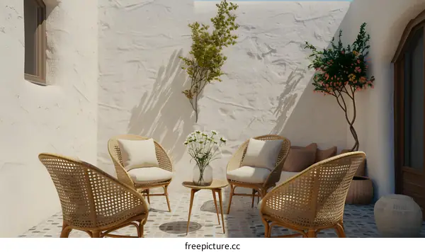 Rattan Chairs and Table in a Courtyard with Plants
