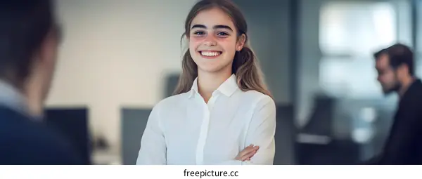 Smiling Woman Standing With Arms Crossed in Office