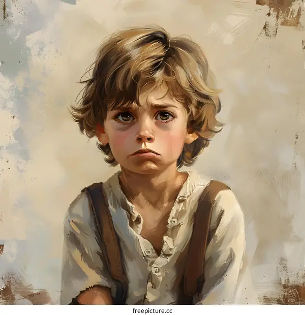 Portrait of a young boy with brown hair and brown eyes wearing a white shirt and brown vest