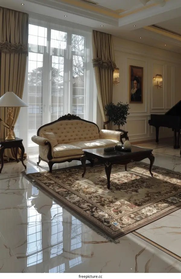 Elegant Living Room Interior Design With Beige Sofa, Coffee Table, And Rug