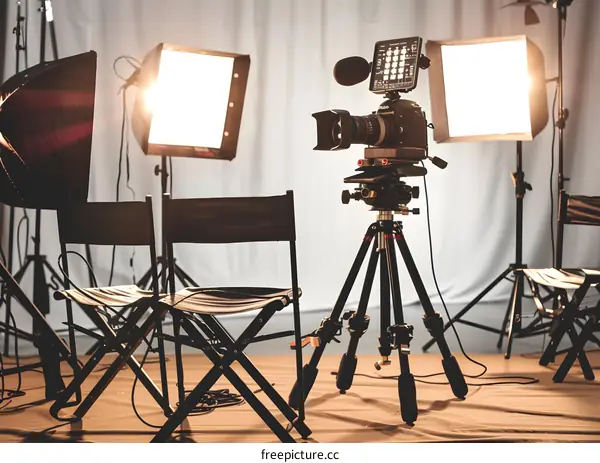 Professional Film Set with Camera Tripod and Lighting Equipment