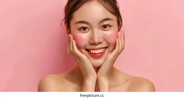 Smiling Asian Woman With Pink Face Mask