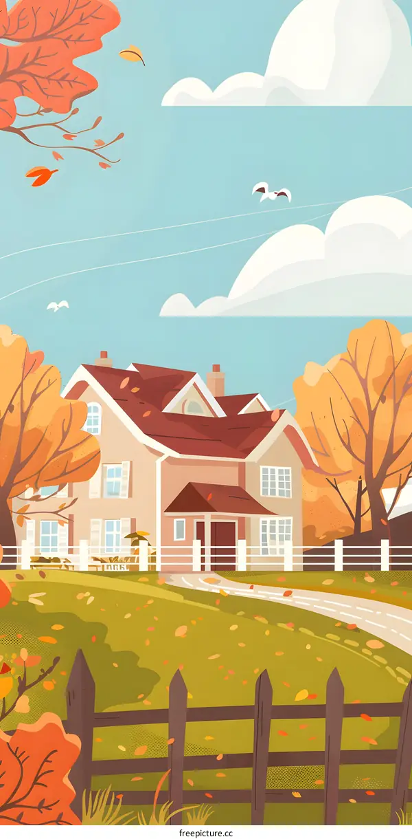 Autumn House with Fence and Falling Leaves Illustration