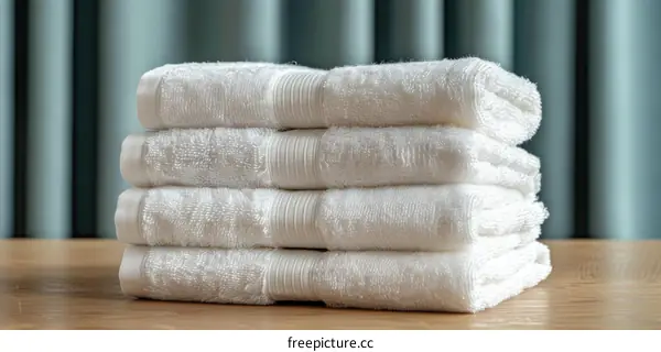Soft, Absorbent White Towel Stack on Wooden Table