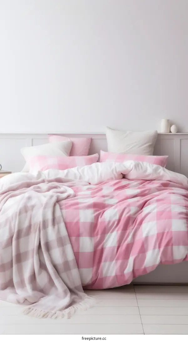 A cozy pink and white gingham bedding set on a bed with a white background
