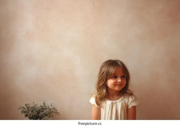 Little Girl in a White Dress by the Beige Wall