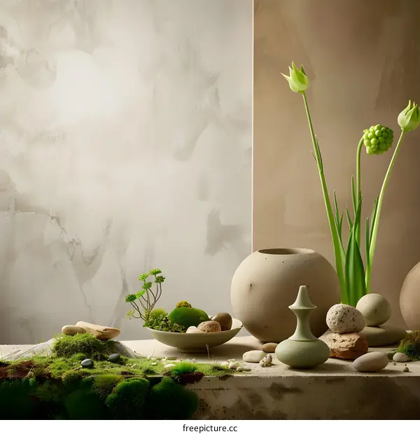 Green Still Life with Stones and Plants