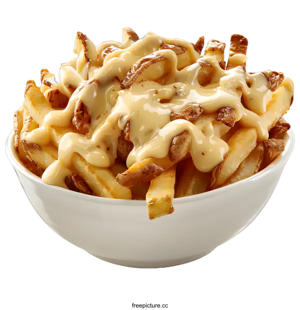 [Transparent Background PNG]French Fries with Cheese Sauce in a White Bowl
