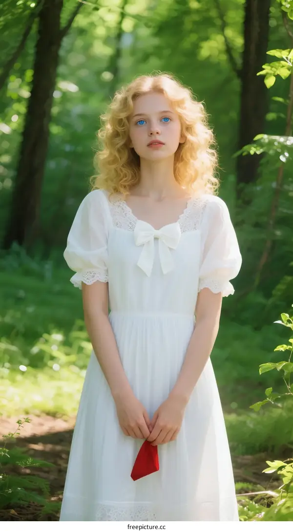 A Young Blond Woman in White Dress Standing in Forest