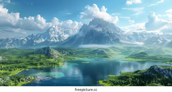 Fantasy Landscape with Mountain Lake and Verdant Hills