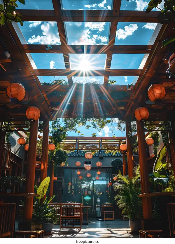 Sunlight Through the Wooden Roof of a Chinese Restaurant
