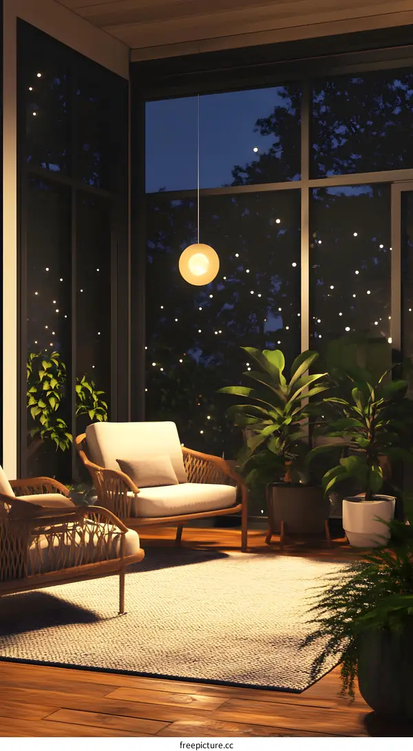 Nighttime View of a Room with a Window and a Hanging Light