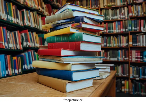A large stack of books sits on a wooden table in a library.