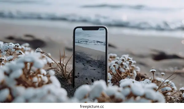 Smartphone Capturing Beach View With Flowers
