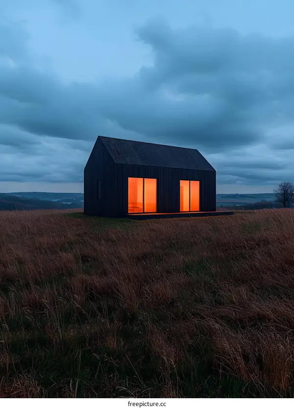 Modern Minimalist Black Cabin With Illuminated Windows On A Grassy Field Underneath A Cloudy Sky