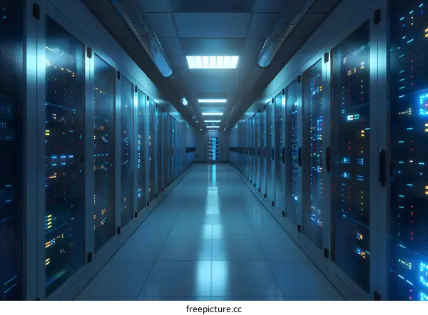 Server Room Interior with Rows of Servers and Blue Lights