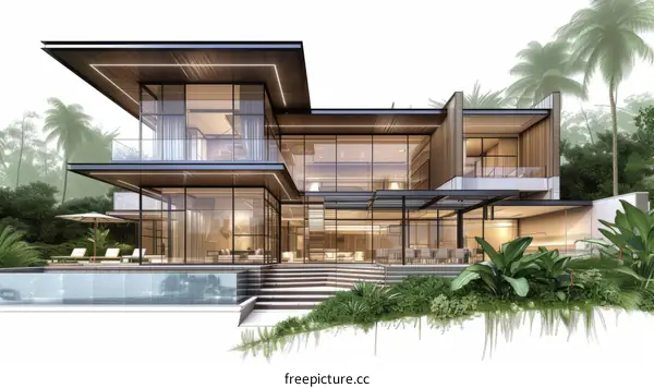 Modern luxury house with pool and tropical garden