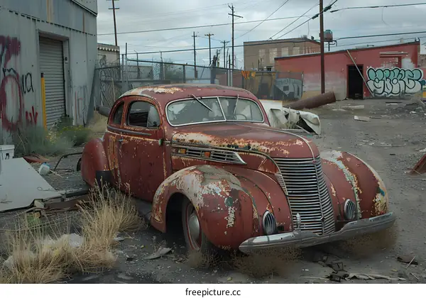 rusty vintage car in the junkyard