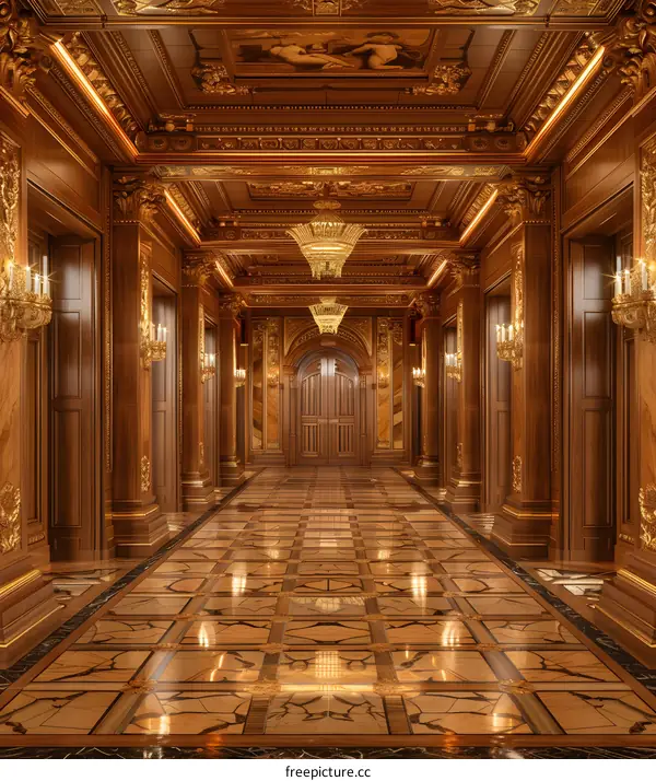 Golden Hallway With Ornate Ceiling and Marble Floor