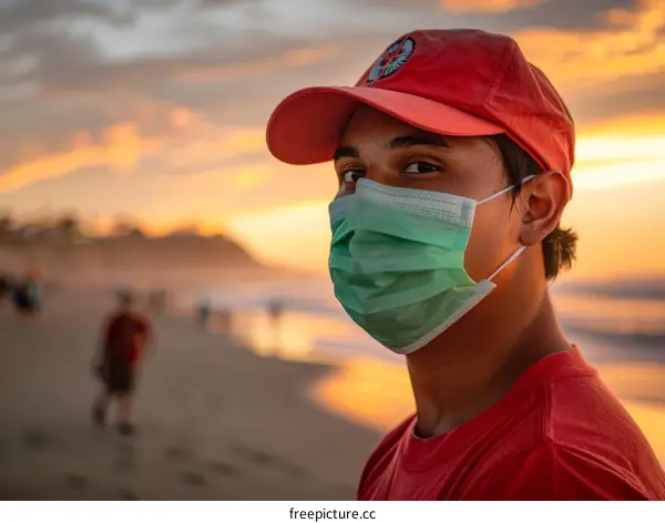 Lifeguard wearing a mask on beach at sunset