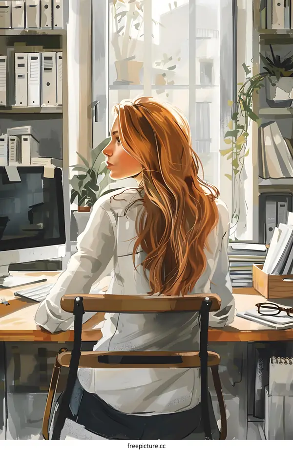 A woman is sitting in a chair in front of a computer.