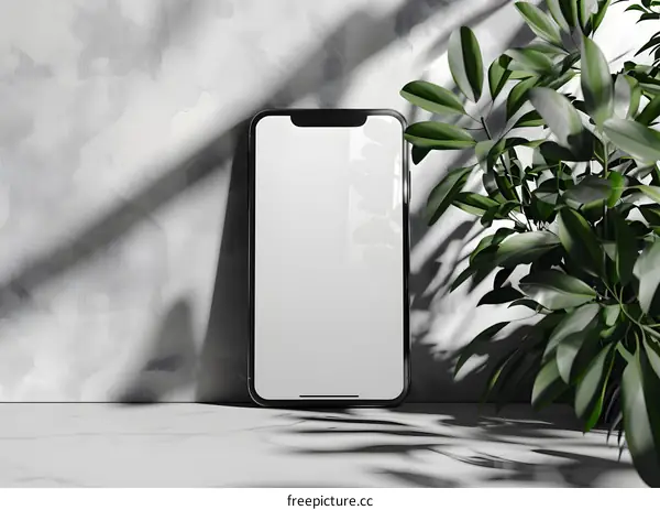 Smartphone Mockup with Green Leaves and White Background