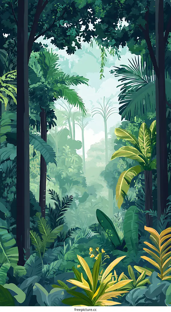 Jungle with lush foliage and green trees