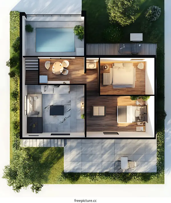 Top View Floor Plan of Modern Home with Swimming Pool