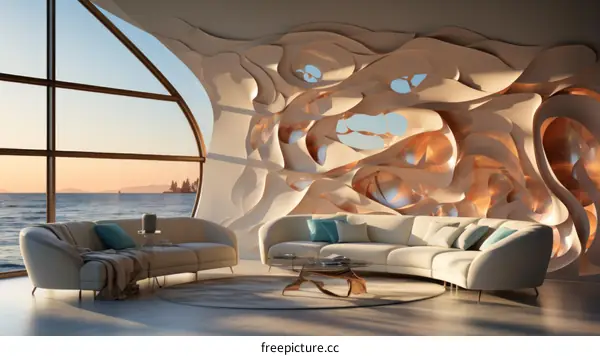 Futuristic living room interior with large curved windows overlooking the ocean