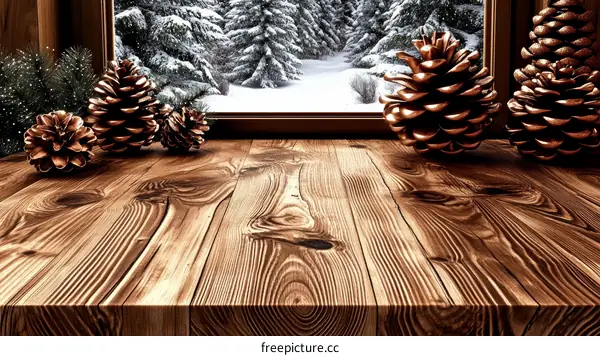 Wooden Table Top with Pine Cones in Snowy Landscape