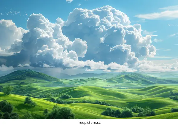 Rolling Green Hills Under a Fluffy White Cloud