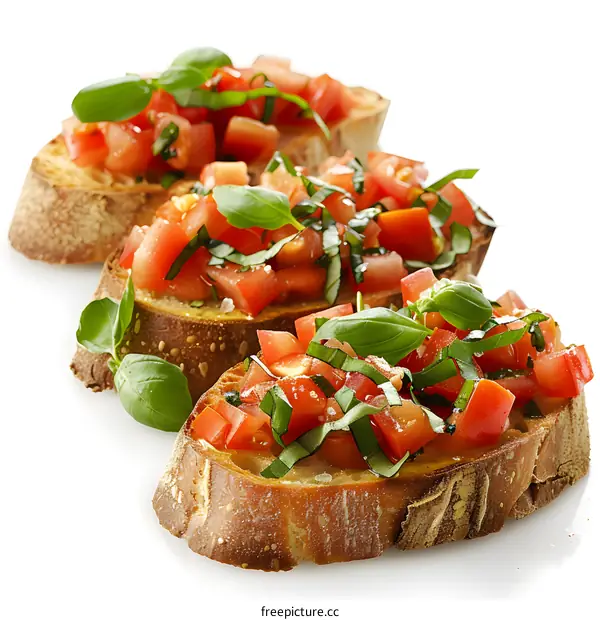 Three slices of bruschetta with tomatoes and basil on a white background