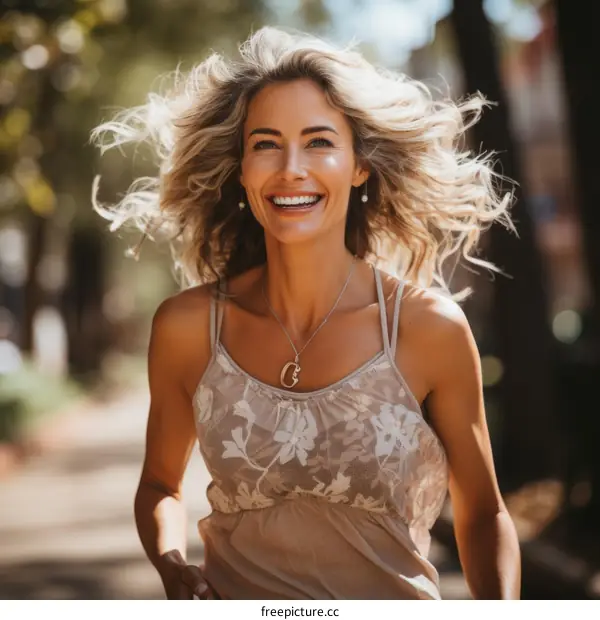Portrait of a smiling blonde woman with long hair running in a park