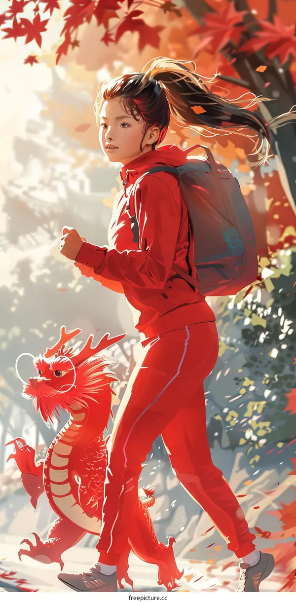 A girl and her dragon friend are running in the forest