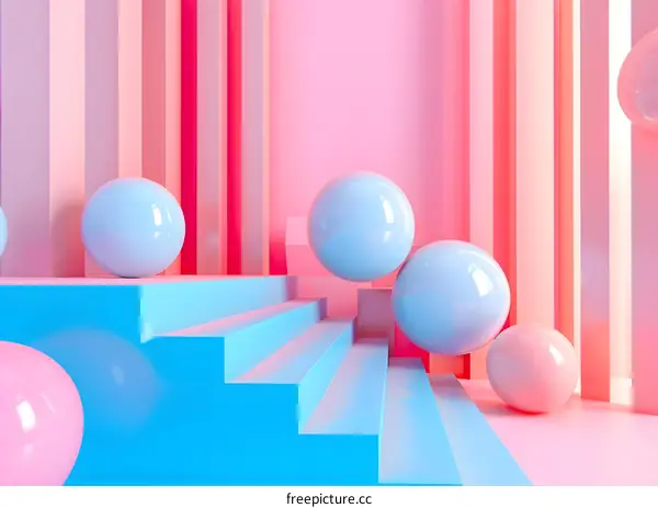 Abstract 3D Rendering of Geometric Shapes with Stairs and Spheres in Pastel Colors