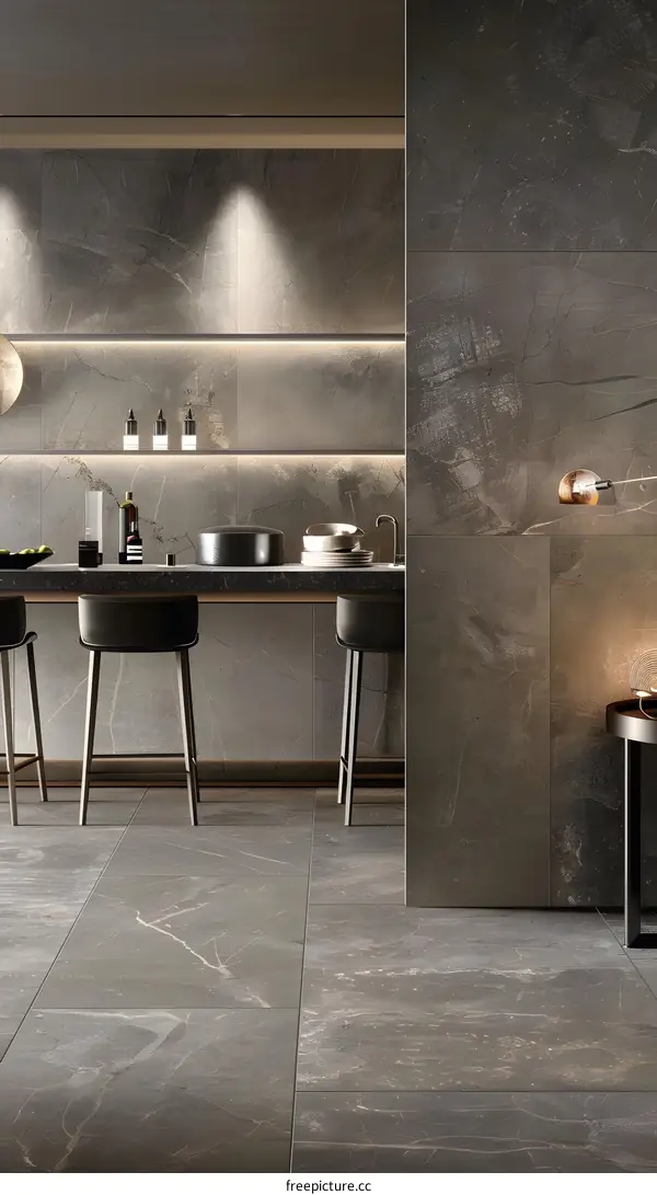 Grey Marble Kitchen Interior Design with Countertop and Bar Stools