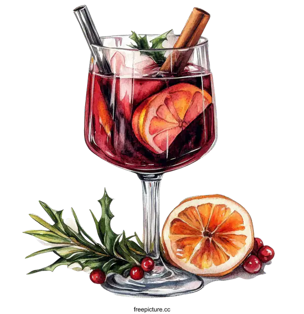 [Transparent Background PNG]Watercolor Illustration of Mulled Wine in a Glass