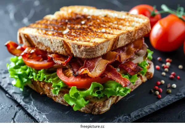 A delicious bacon sandwich with lettuce and tomato on a toasted bun