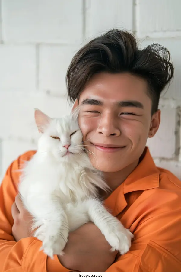 Asian man hugging a white cat
