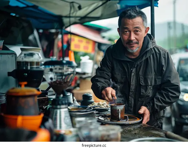 Portrait of a man stirring coffee with a spoon in a cup on a table