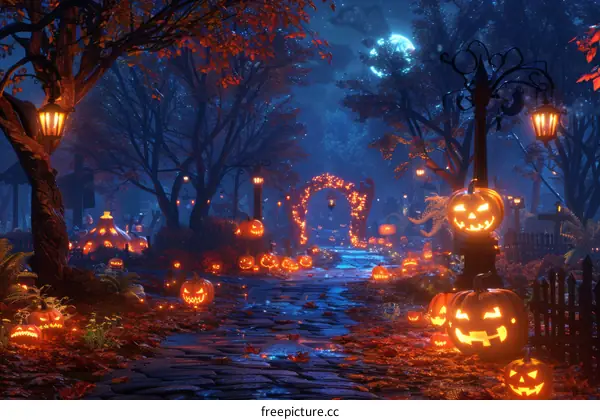 Eerie Halloween Jack-o'-Lantern in the Night Forest