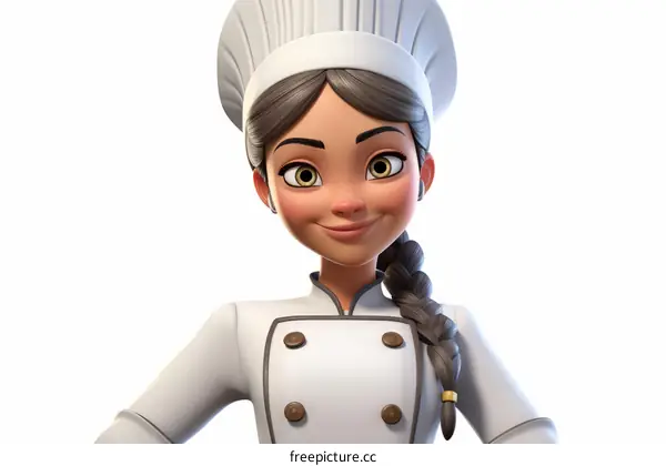 A 3D illustration of a young female chef