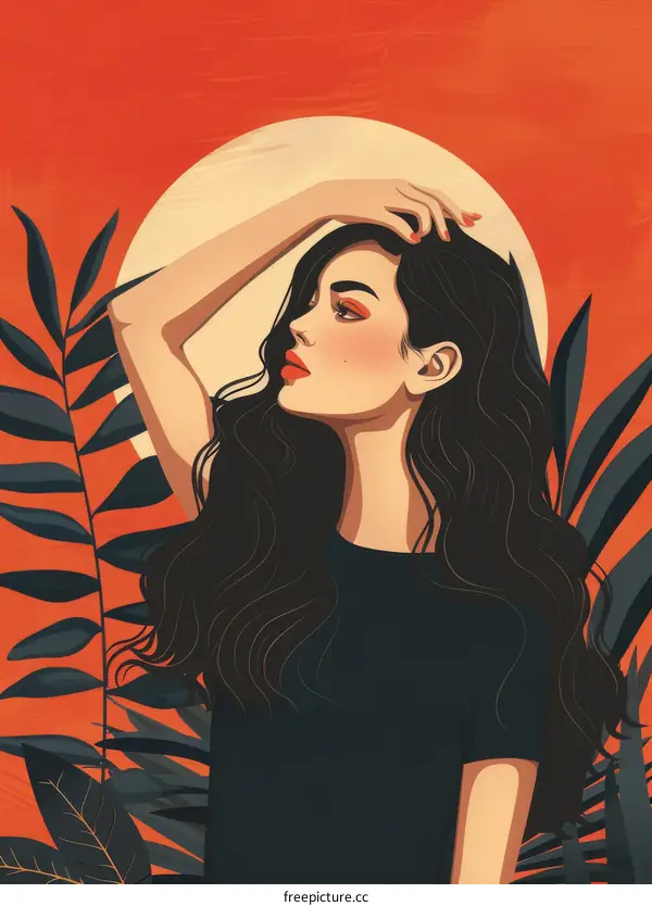 Woman with Long Hair in Sunset Illustration