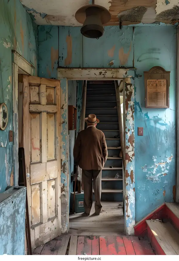 An old man with a hat in a dilapidated house