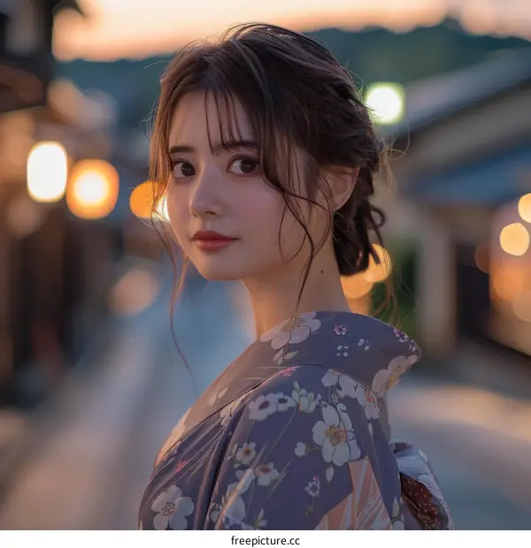 Asian Woman in Kimono at Sunset