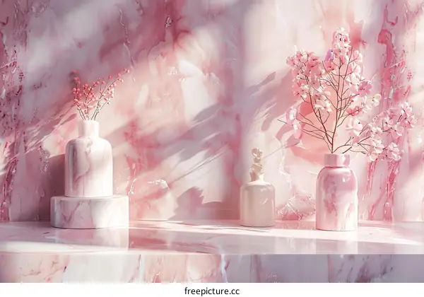 pink marble podium with pink flowers