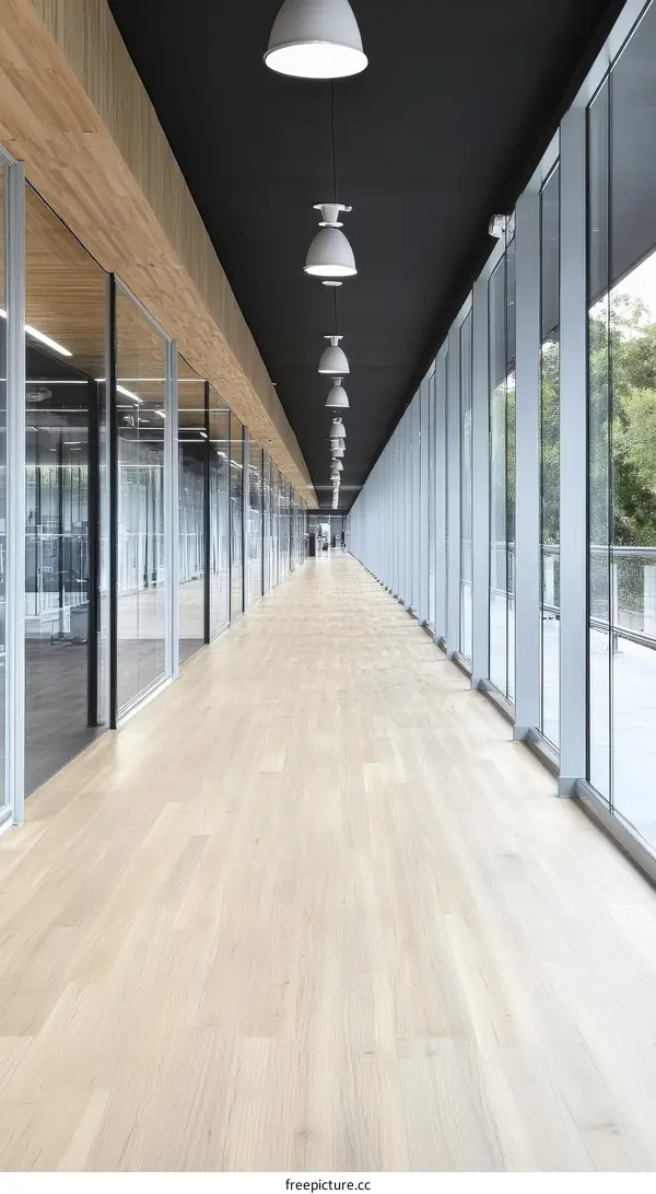 Modern Office Corridor with Light Wooden Flooring