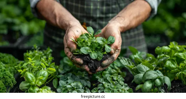 Close-up of a farmer's hands holding a handful of soil with green seedlings